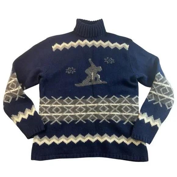 Vintage Old Navy Sweater Women XL Lambswool Turtle Snowboarder Fair Isle