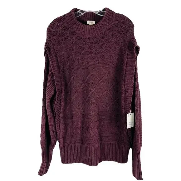 NEW ANA purple plum cable knit ribbed balloon sleeve sweater medium