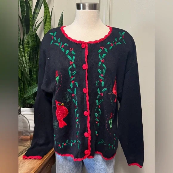 Vintage embroidered Christmas Sweater Black Red Festive‎ cardinal women’s large
