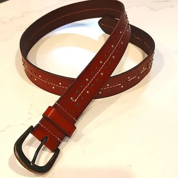Brown Leather Tri-Metal Studded Belt Brass Buckle