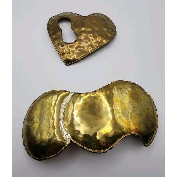 Vintage Artisan Hammered Brass Heart Scarf Clip Slide Brutalist Belt Buckle Pair