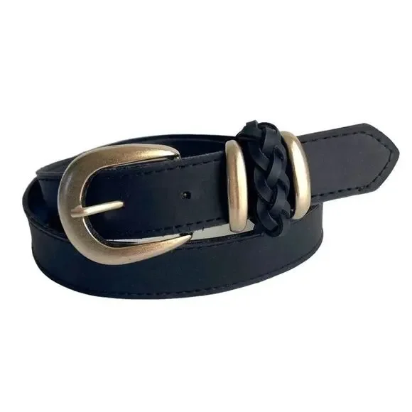 Black Faux Leather Belt Silver Tone‎ Buckle Vegan Friendly Womens Medium