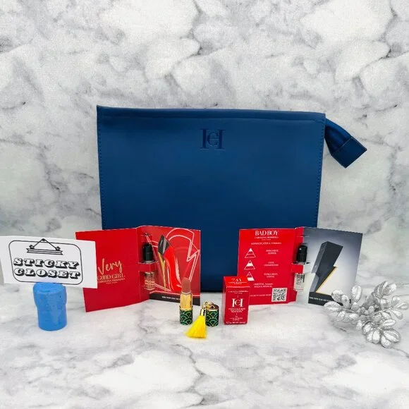Carolina Herrera Beauty Gift Set-Navy Pouch, Mini Lip, Good Girl,Bad Boy-4pc-NEW