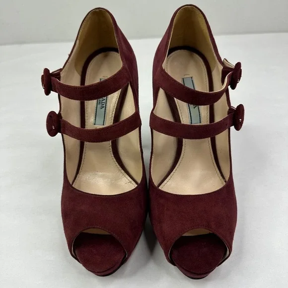 Prada Burgundy Suede Double Strap Mary Jane Peep Toe Platform Heels Size 37.5