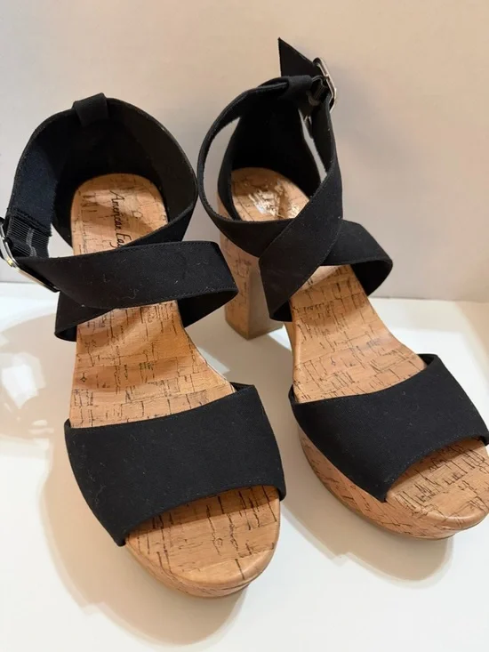 American Eagle Outfitters Black Cork-Platform Crisscross Sandals