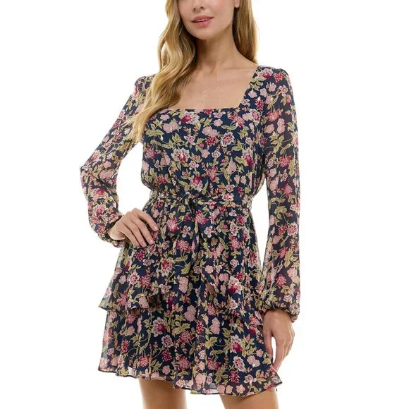 NWT City Studio Square-Neck Fit Flare Shear Lined Dress Navy Blue Multi S