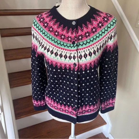 NWT Talbots Falling Snow Fair Isle Lambswool Blend Cardigan MP Preppy Nordic