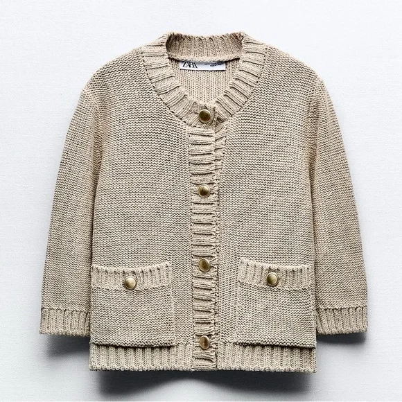 ZARA WOMAN SS24 ECRU 3/4 LENGTH SLEEVE KNIT CARDIGAN REF:6427/011