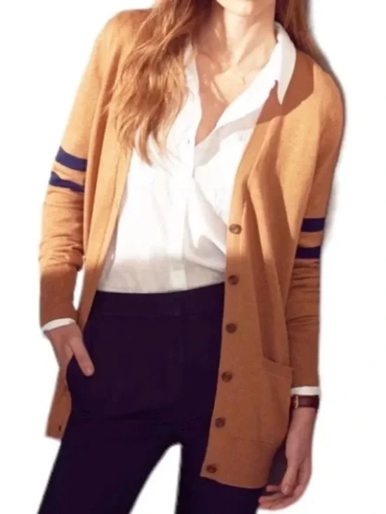J.Crew Factory Women XS Camel Navy Merino Wool Blend Preppy Varsity Cardigan NWT