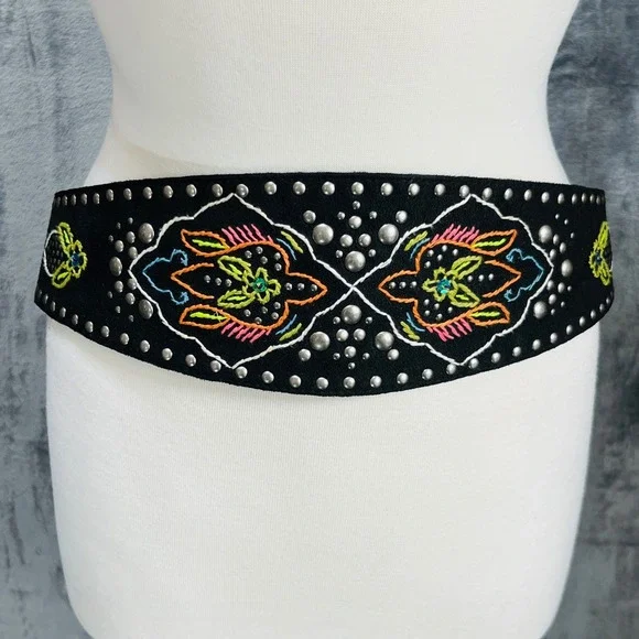 Faux Suede Embroidered Studded‎ Embroidered Wide Waist Belt Sz L Boho Festival