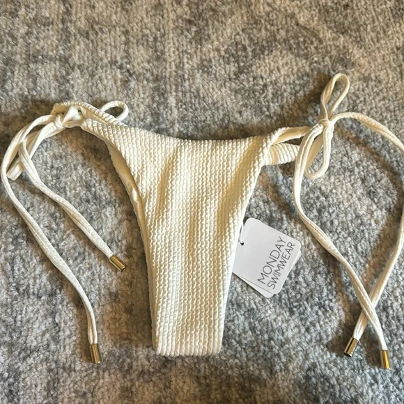 Monday Swimwear Ivory Crinkle Textured Tie-Side Bikini Bottom
