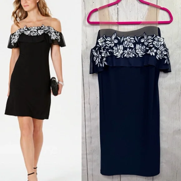MSK Navy Illusion Off The Shoulder Floral Appliqué Dress Elegant Evening Chic