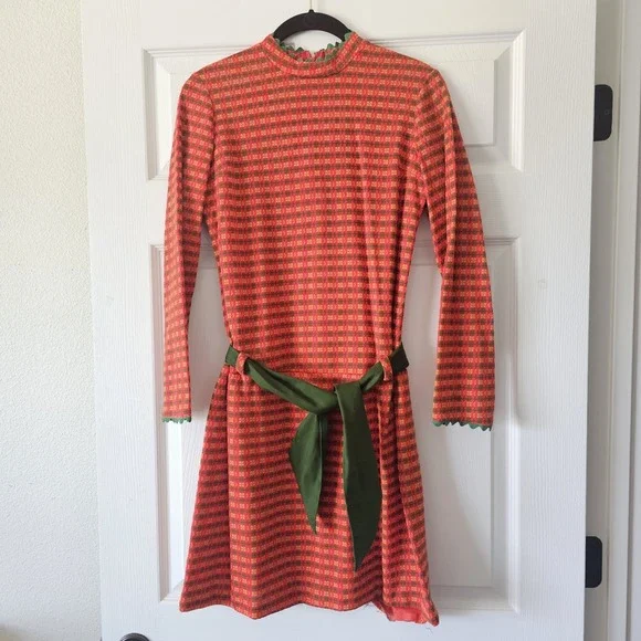 1970s Vintage Orange-Red Green Gen-way Cali Waistband RicRac Mini Dress Dress #3
