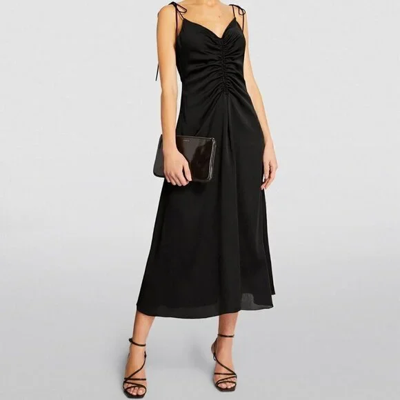 Jason Wu Black Satin Ruched Front Midi Dress Size MEDIUM NWOT