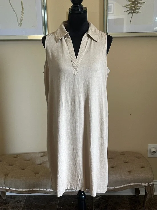 NWT Per Se Linen Collared Sleeveless Dress in Natural Beige Medium