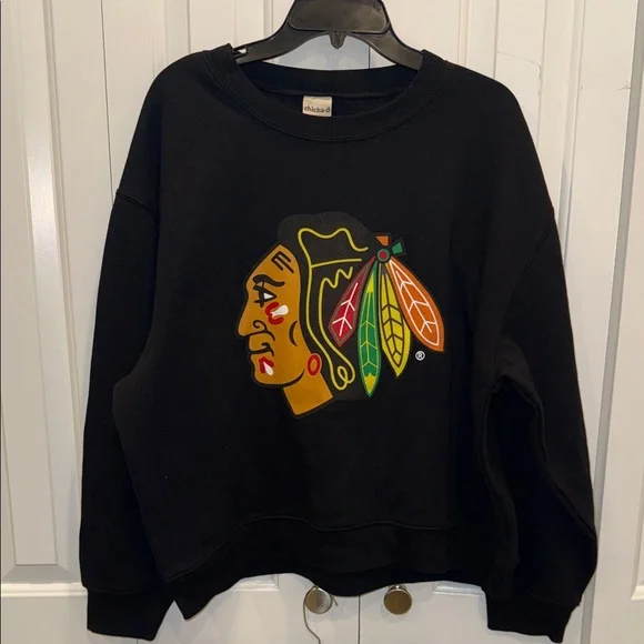 Chicka-d Black Crewneck Sweatshirt with Colorful Feather Emblem