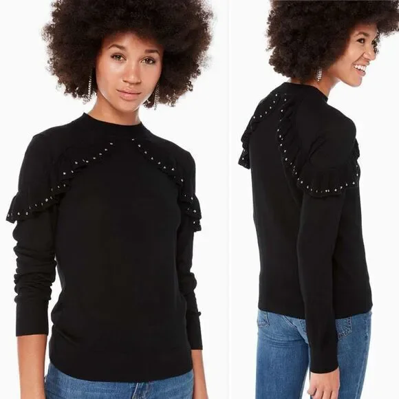 Kate Spade So Foxy Ruffle Studded Sweater in Black Size M