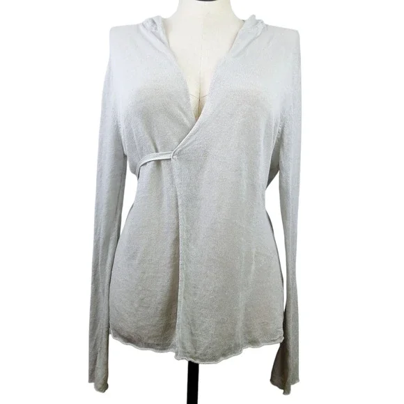 Bryn Walker SZ XL 100% Linen Long Sleeve Hooded Wrap Sweater Lightweight Gray