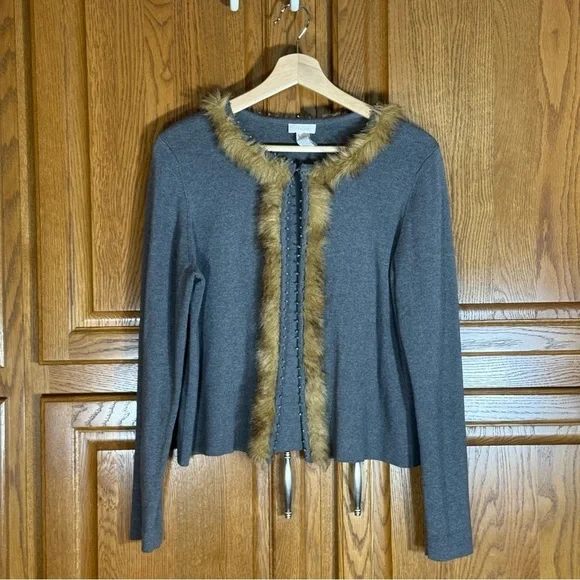 Chico’s Faux Fur Trim Gray Cardigan Sweater Jacket Open Front‎ Size 2 (L/XL)