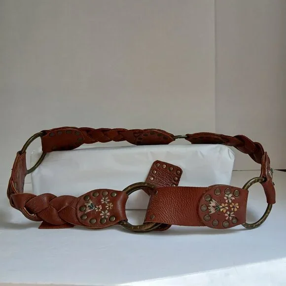 Vintage Brown  Studded Leather Embroidered Floral Beaded  Brass Ring Belt