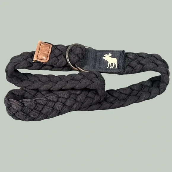 Abercrombie & Fitch Womens Braided D-Ring Belt Navy Blue Moose Logo Size 10