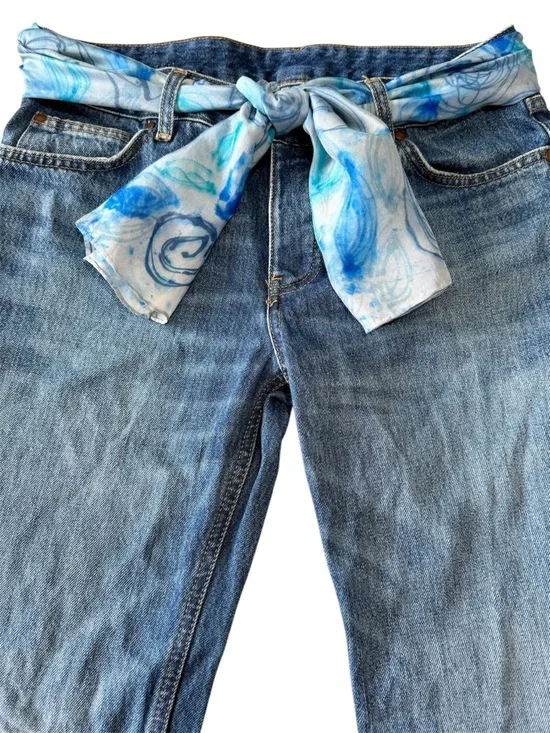 Silk Scarf Belt Boho Festival Coastal Cowgirl Waist Wrap Blue Geometric 57-1/2”L