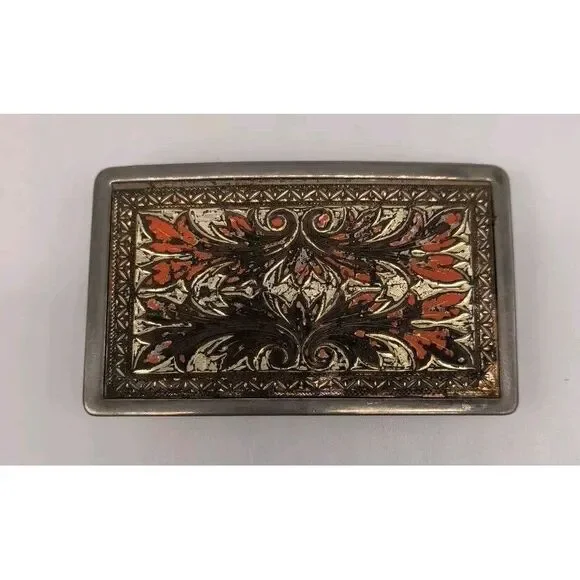 Vintage Belt Buckle Silver And Western Orange Design Rectangular