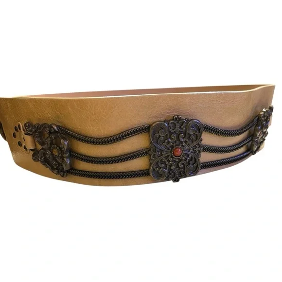 Renza Women’s Wide Leather Belt w/Baroque Medallions Stones Chain Boho Size L
