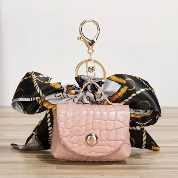 Pink Croc-Embossed Mini Bag with Scarf - Keychain or Bag Charm