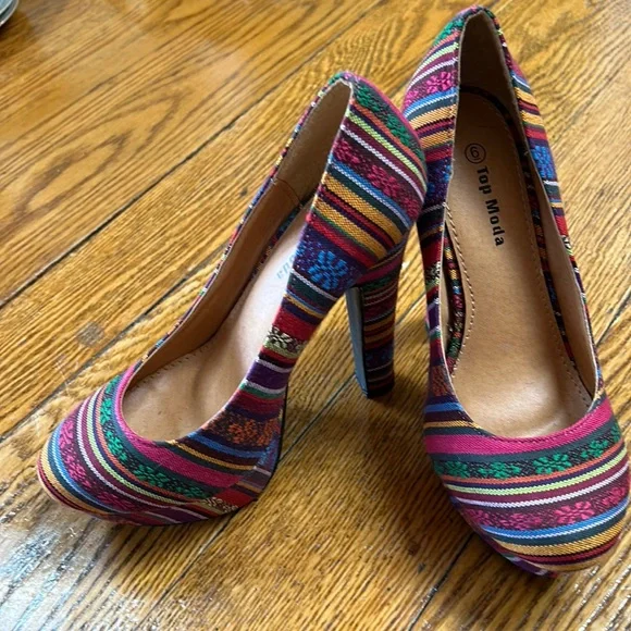 Top Moda fabric platform heels.  Pink, purple, mustard, blue & green. Size 6.