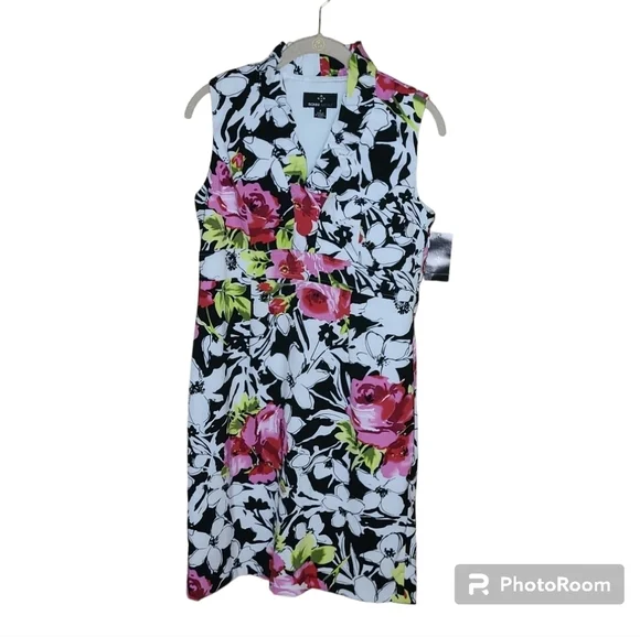 NWT* Ronni Nicole* Sleeveless* Botanical Print Dress* Blk/ Wh/ Pnk/Gr* Sz 8
