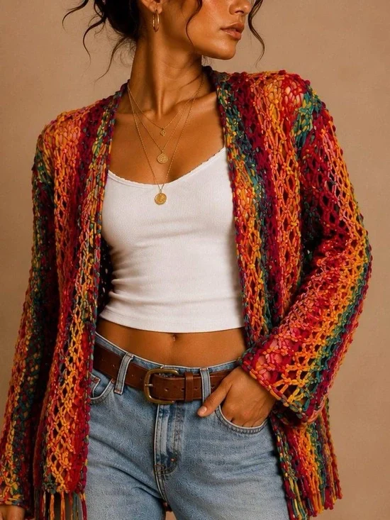 Multicolor Open-Knit Fringe Women's Cardigan Sweater size large