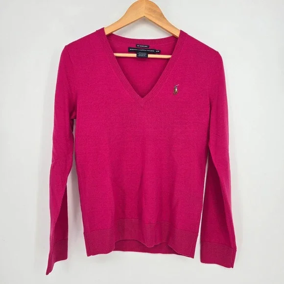 Small Holes - Ralph Lauren Sport 100% Merino Wool Womens S Pink V-Neck Sweater