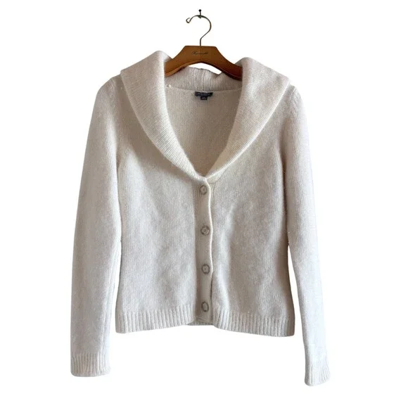 Y2K 90s ANN TAYLOR Angora Cream‎ Shawl Collar Button Front Cardigan Sweater MP