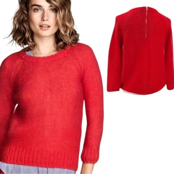 H&M Mohair Blend Vibrant Red Crew Neck Sweater 3/4 Sleeve
