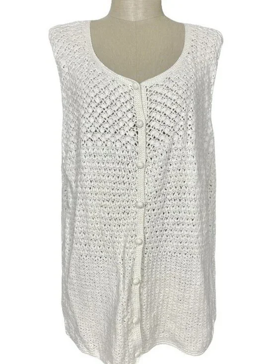 Vintage Liz Claiborne Crochet Knit Sweater Vest Tunic Button Front Size Large