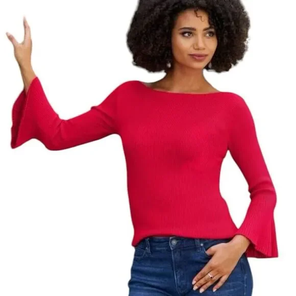 Boston Proper Ribbed Boatneck Flared Sleeve Sweater Size Medium Red Lollipop