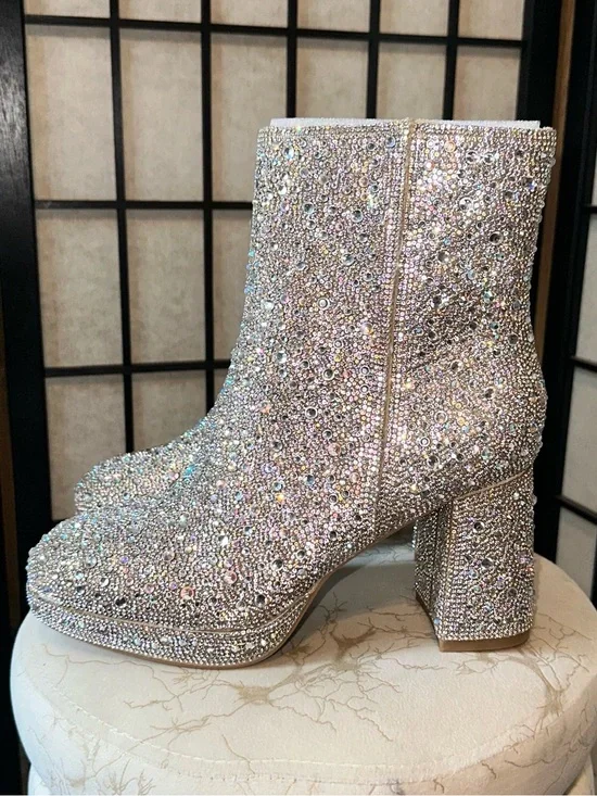 Rhinestone Embellished Silver Block Heel Boots