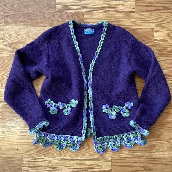 Pendleton Purple Wool Patch Pockets Cardigan w/ Floral Crochet Trim Size Large