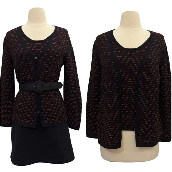 Lux Les Copains 2 Piece Textured Red Black Wool Cardigan and Sleeveless Blouse
