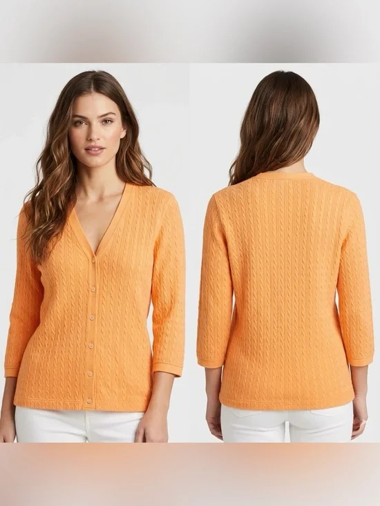 Lauren Ralph Lauren Women's Cable Knit 3/4 Sleeve V-Neck Cardigan Top Size Large