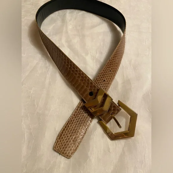 Vintage genuine snake skin arrow gold buckle belt L