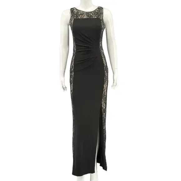 Betsy & Adam Black Lace-Panel Evening Gown - Elegant Long Dress
