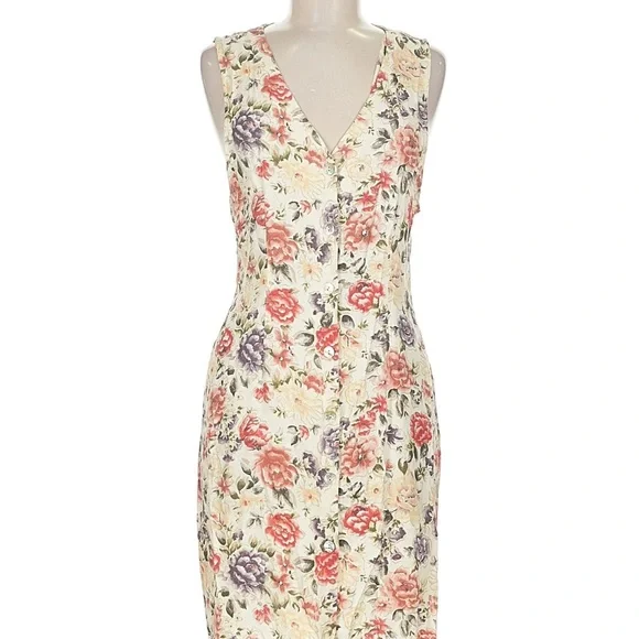 Vintage 90s Sz M Impressions of California Floral Button Down V-Neck Midi Dress