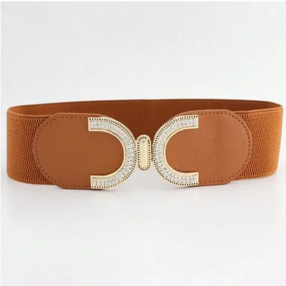 Rhinestone Buckle With Elastic Waist Belt Brown