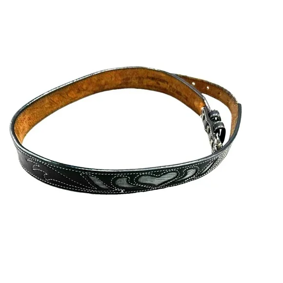 90s Leegin‎ Tooled Heart Leather Western Belt Women's 34 Cowgirl Landman Rodeo