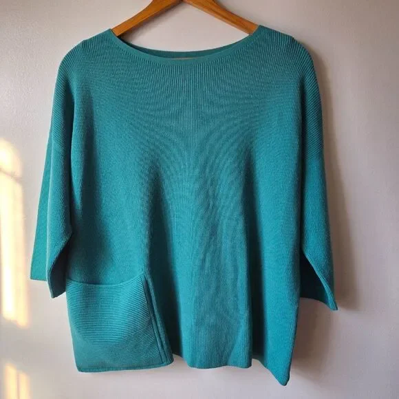 EUC DESIGNER LAFAYETTE 148 TEAL BOATNECK BOXY RELAXED SWEATER TOP SIZE M