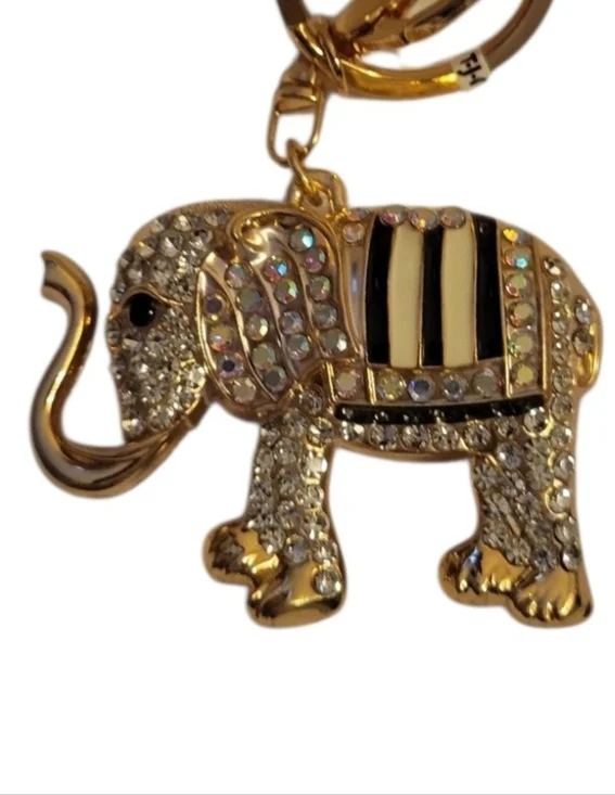 New Natasha‎ Gold Elephant Charm/Keychain, Black & Cream Enamel Accents, Bling