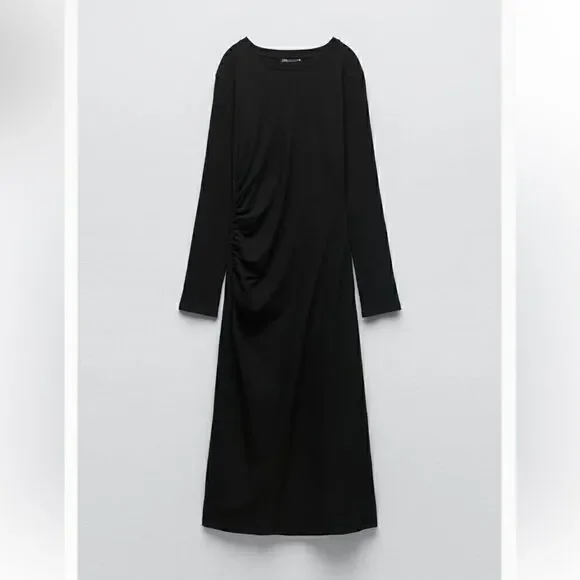 Zara Ruched Black Dress Size Large