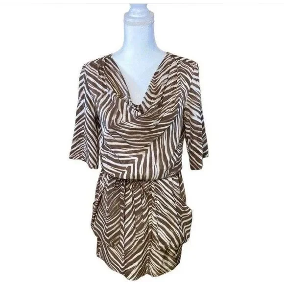 BCBGMAXAZRIA Silk Zebra Mini Dress XS Brown Ivory Belted Ruched Sleeve Pockets